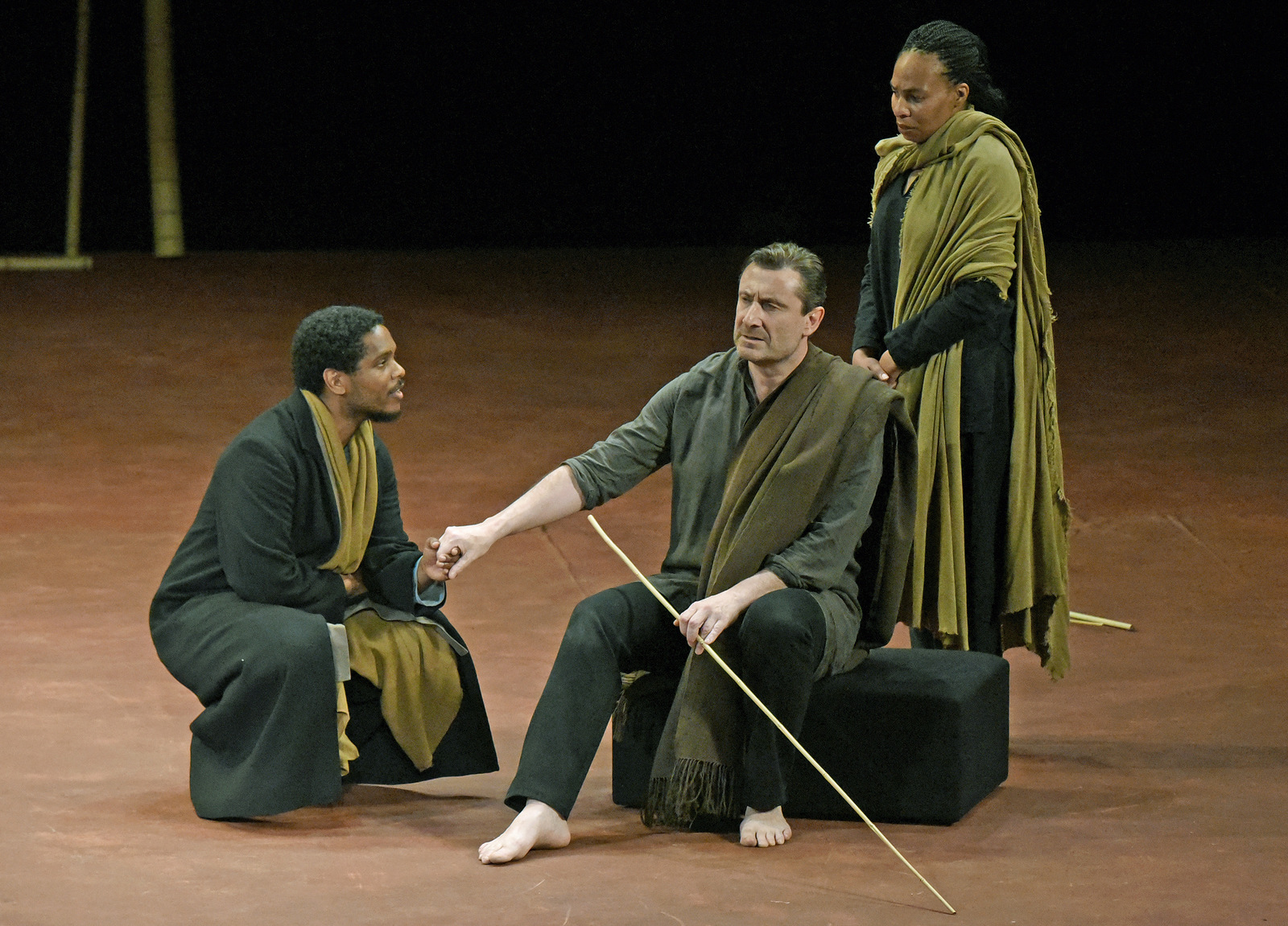 Battlefield. Directed by Peter Brook. Pictured: Jared McNeill, Sean O'Callaghan and Karen Aldridge. Photo credit: Kevin Parry for The Wallis.